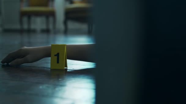 Closeup of a Crime Scene in a Deceased Persons Home. Dead man, Police Line, Clues and Evidence. Serial Killer and Detective Investigation Concept. — Stock videók