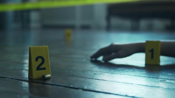 Closeup of a Crime Scene in a Deceased Persons Home. Dead man, Police Line, Clues and Evidence. Serial Killer and Detective Investigation Concept. — Stock videók