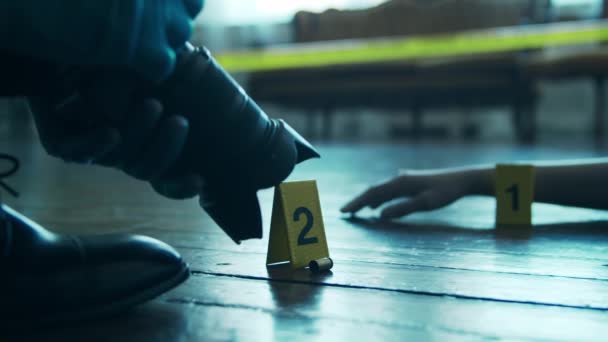 Detective Collecting Evidence in a Crime Scene. Forensic Specialists Making Expertise at Home of a Dead Person. Homicide Investigation by Police Officer. — Stockvideo