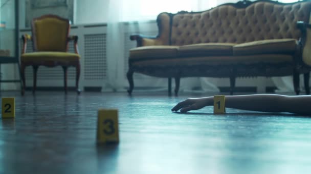 Closeup of a Crime Scene in a Deceased Persons Home. Dead man, Police Line, Clues and Evidence. Serial Killer and Detective Investigation Concept. — Wideo stockowe