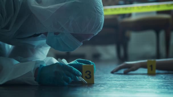 Detective Collecting Evidence in a Crime Scene. Forensic Specialists Making Expertise at Home of a Dead Person. Homicide Investigation by Police Officer. — Stockvideo