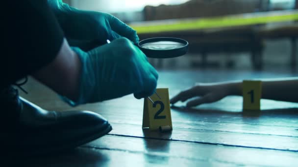 Detective Collecting Evidence in a Crime Scene. Forensic Specialists Making Expertise at Home of a Dead Person. Homicide Investigation by Police Officer. — Stockvideo