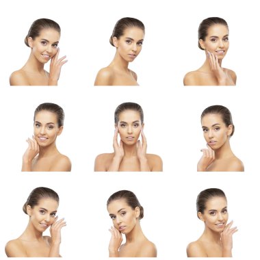 Genç, çekici, sevimli ve sağlıklı bir kadının güzel portresi. Beyaz arka planda güzel esmer kız. Doğal yüz..