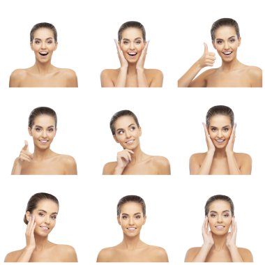 Genç, çekici, sevimli ve sağlıklı bir kadının güzel portresi. Beyaz arka planda güzel esmer kız. Doğal kadın yüzü..