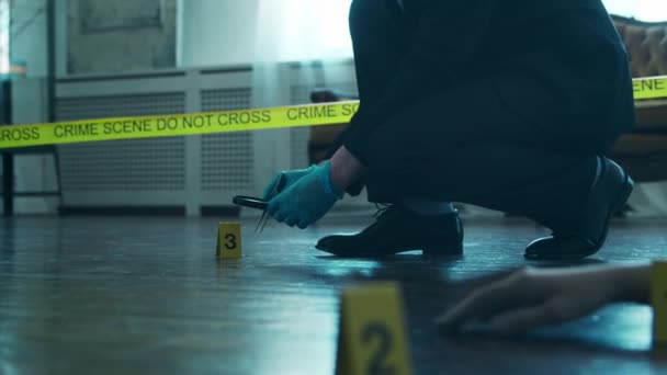 Детектив Збирає Докази Місці Злочину Судово Медичні Фахівці Проводять Експертизу — стокове відео