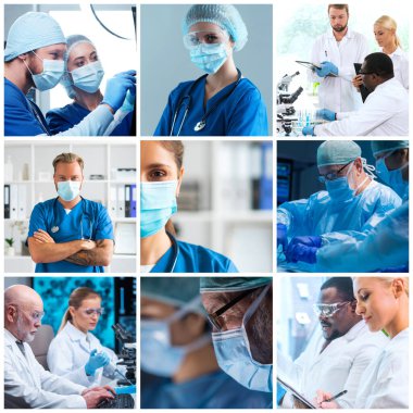 Hastane ofisinde çalışan profesyonel tıp doktorları genç ve kendinden emin doktorların portresi. Farklı resimlerin kolajını ayarla.