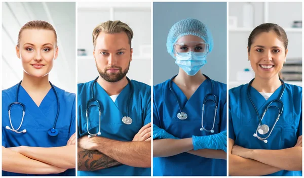 Médicos Profissionais Que Trabalham Consultório Hospitalar Retrato Médicos Jovens Confiantes — Fotografia de Stock