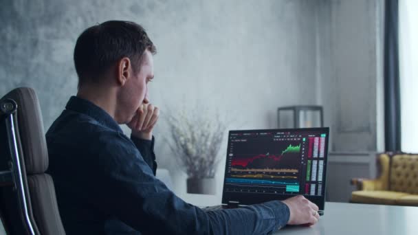 Cryptocurrency Trader His Workplace Front Computer Laptop Monitor Stock Correction — Stock Video