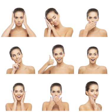 Genç, çekici, sevimli ve sağlıklı bir kadının güzel portresi. Beyaz arka planda güzel esmer kız. Doğal kadın yüzü..