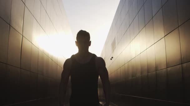 Sunset Spor Yapan Genç Kaslı Adam Genç Güçlü Bir Sporcunun — Stok video