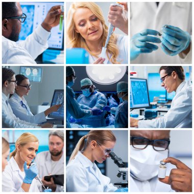 Hastane ofisinde çalışan profesyonel tıp doktorları genç ve kendinden emin doktorların portresi. Farklı resimlerin kolajını ayarla.