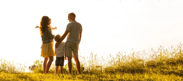 Happy Loving Family Walking Outdoor Light Sunset Father Mother Son — Stock Photo, Image