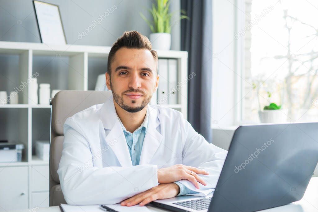 Doctor Works in the Medical Office. Workplace of a Professional Therapist in a Hospital or Clinic. Healthcare and Medicine Concept.