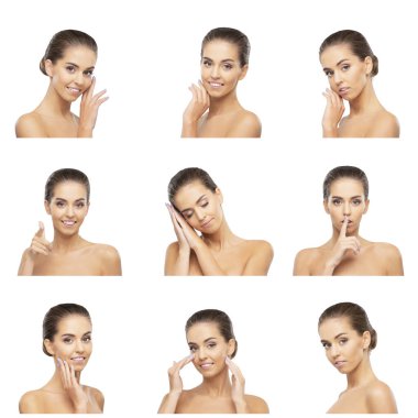 Genç, çekici, sevimli ve sağlıklı bir kadının güzel portresi. Beyaz arka planda güzel esmer kız. Doğal kadın yüzü..