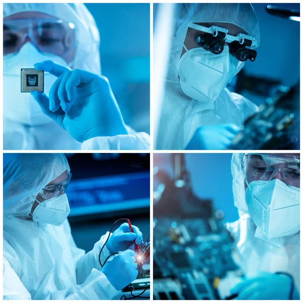 Mikroelektronikai Mérnökök Egy Modern Tudományos Laboratóriumban Dolgoznak Számítástechnikai Rendszereken Mikroprocesszorokon — Stock Fotó