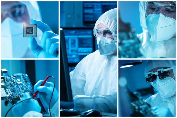 Microelectronics Engineers Work Modern Scientific Laboratory Computing Systems Microprocessors Collage — Stock Photo, Image