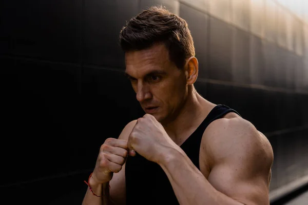 Young Muscular Man Doing Sports Sunset Training Young Strong Athlete — Stock Photo, Image