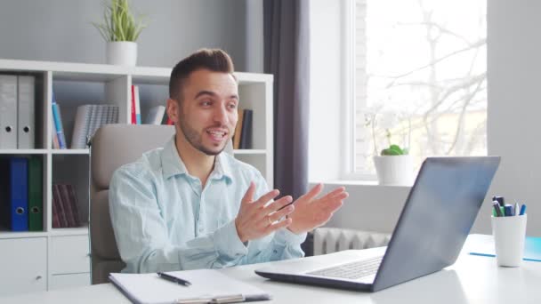 Young Teacher Makes Online Lesson While Sitting Front Computer Home — Vídeos de Stock