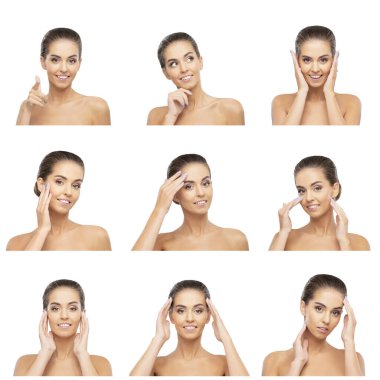 Genç, çekici, sevimli ve sağlıklı bir kadının güzel portresi. Beyaz arka planda güzel esmer kız. Doğal kadın yüzü..