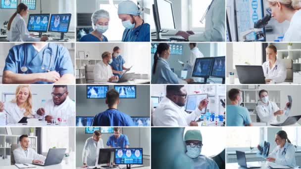病院で働く専門医 若くて自信のある医師の肖像 異なる画像のコラージュを設定します — ストック動画