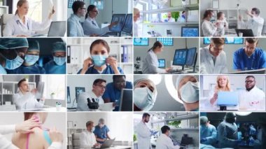Hastane ofisinde çalışan profesyonel tıp doktorları genç ve kendinden emin doktorların portresi. Farklı resimlerin kolajını ayarla.
