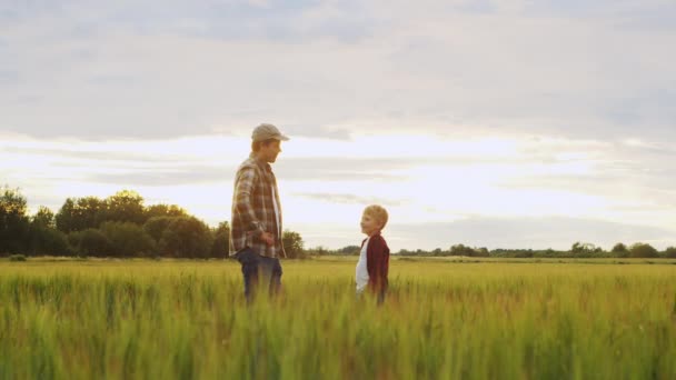 Farmer His Son Front Sunset Agricultural Landscape Man Boy Countryside — ストック動画