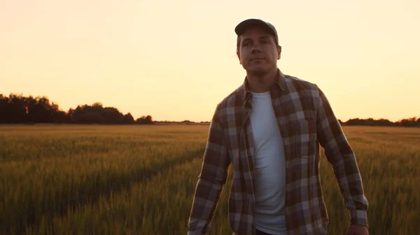 Farmer Front Sunset Agricultural Landscape Man Countryside Field Concept Country — Fotografia de Stock