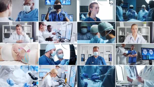 病院で働く専門医 若くて自信のある医師の肖像 異なる画像のコラージュを設定します — ストック動画