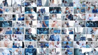 Hastane ofisinde çalışan profesyonel tıp doktorları genç ve kendinden emin doktorların portresi. Farklı resimlerin kolajını ayarla.