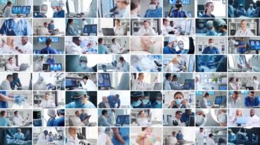 Hastane ofisinde çalışan profesyonel tıp doktorları genç ve kendinden emin doktorların portresi. Farklı resimlerin kolajını ayarla.