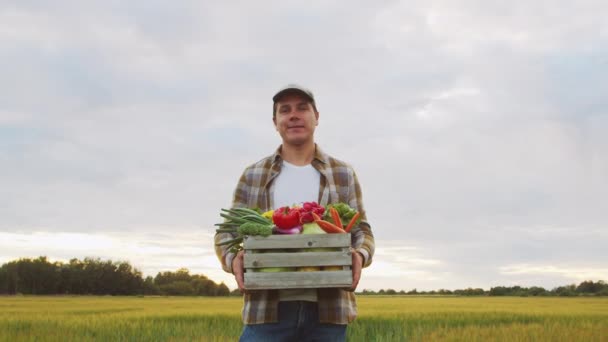 Farmer Vegetable Box Front Sunset Agricultural Landscape Man Countryside Field — стоковое видео