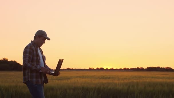 Farmer Laptop Computer Front Sunset Agricultural Landscape Man Countryside Field — Videoclip de stoc