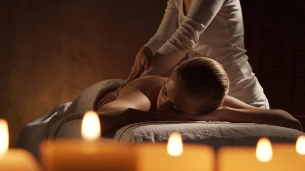 Young Healthy Beautiful Woman Gets Massage Therapy Spa Salon Concept — 스톡 사진
