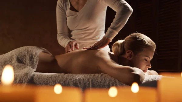 Young Healthy Beautiful Woman Gets Massage Therapy Spa Salon Concept — 图库照片