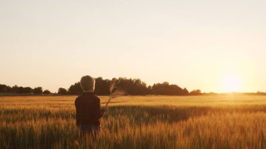 Boy in front of a sunset agricultural landscape. Kid in a countryside field. The concept of childhood, country life, farming and country lifestyle.