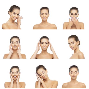 Genç, çekici, sevimli ve sağlıklı bir kadının güzel portresi. Beyaz arka planda güzel esmer kız. Doğal kadın yüzü..