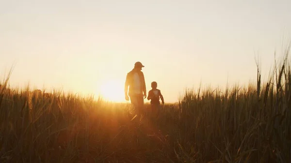 Boer Zijn Zoon Voor Een Zonsondergang Agrarisch Landschap Man Een — Stockfoto