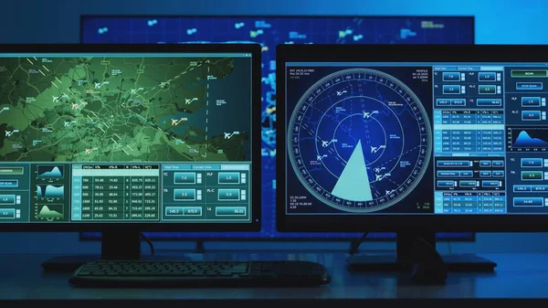 Workplace of the professional air traffic controller in the control tower. Caucasian aircraft control officer works using radar, computer navigation and digital maps. Aviation and technology concept.