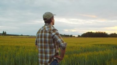 Günbatımı tarımının önündeki çiftçi. Kırsal kesimde bir adam. Kır hayatı, gıda üretimi, tarım ve kırsal yaşam tarzı kavramı.
