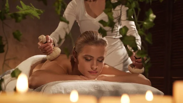 Young Healthy Beautiful Woman Gets Massage Therapy Spa Salon Concept — стоковое фото