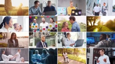 Collage with many different people engaged in a variety of activities, jobs, businesses, studies and hobbies. Set collection of many video clips. The concept of multi-ethnic equality, friendship and
