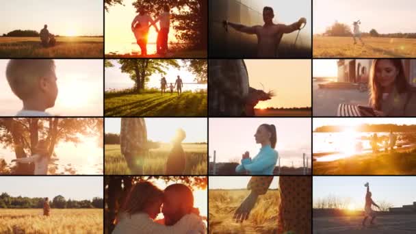 Collage Many Different People Light Sunset Set Collection Many Video — Stockvideo