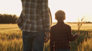 Çiftçi ve oğlu günbatımı tarımının önünde. Kırsalda bir adam ve bir çocuk. Babalık kavramı, köy hayatı, tarım ve kırsal yaşam tarzı..