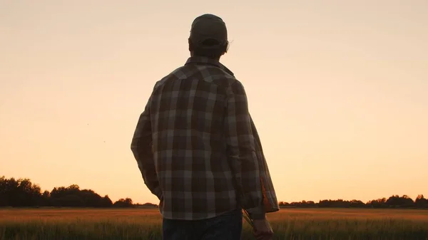 Farmer Front Sunset Agricultural Landscape Man Countryside Field Concept Country — Photo