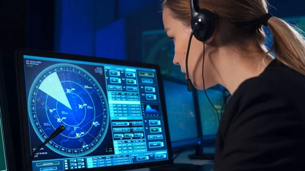 Workplace Air Traffic Controllers Control Tower Team Professional Aircraft Control — Zdjęcie stockowe