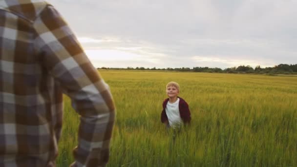 Farmer His Son Front Sunset Agricultural Landscape Man Boy Countryside — Stock videók