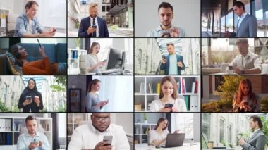 Collage with many different people using smartphone devices. Set collection of many video clips with men and women with mobile phones. The concept of communication, internet and connectivity.