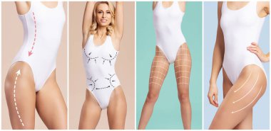 güzel ve sağlıklı kadın vücut çizim oklar. plastik cerrahi, sağlıklı beslenme, liposuction, spor ve selülit Temizleme kavramı.