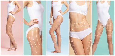 güzel ve sağlıklı kadın vücut çizim oklar. plastik cerrahi, sağlıklı beslenme, liposuction, spor ve selülit Temizleme kavramı.