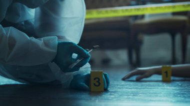 Detective Collecting Evidence in a Crime Scene. Forensic Specialists Making Expertise at Home of a Dead Person. The Concept of Homicide Investigation by Professional Police Officer.